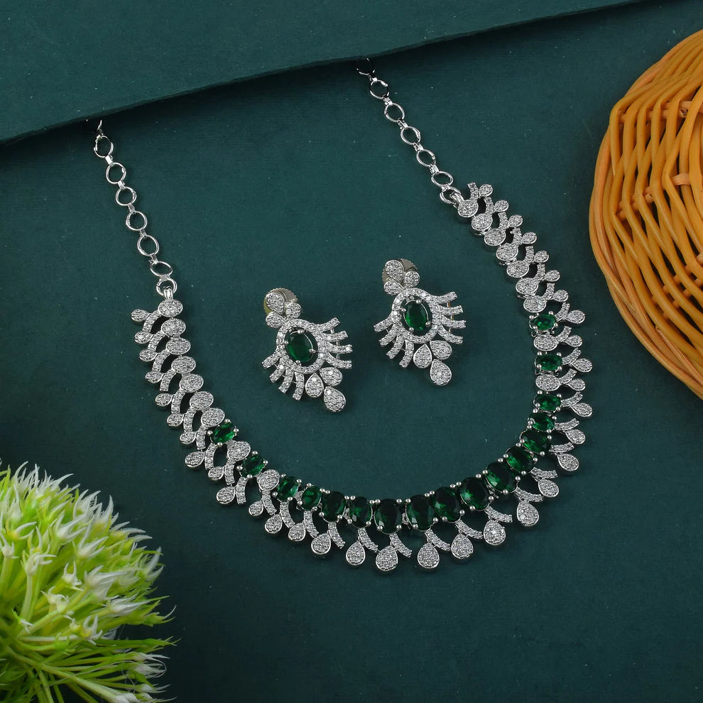 Modern Green American Diamond Necklace Set with Circular Stone Detailing