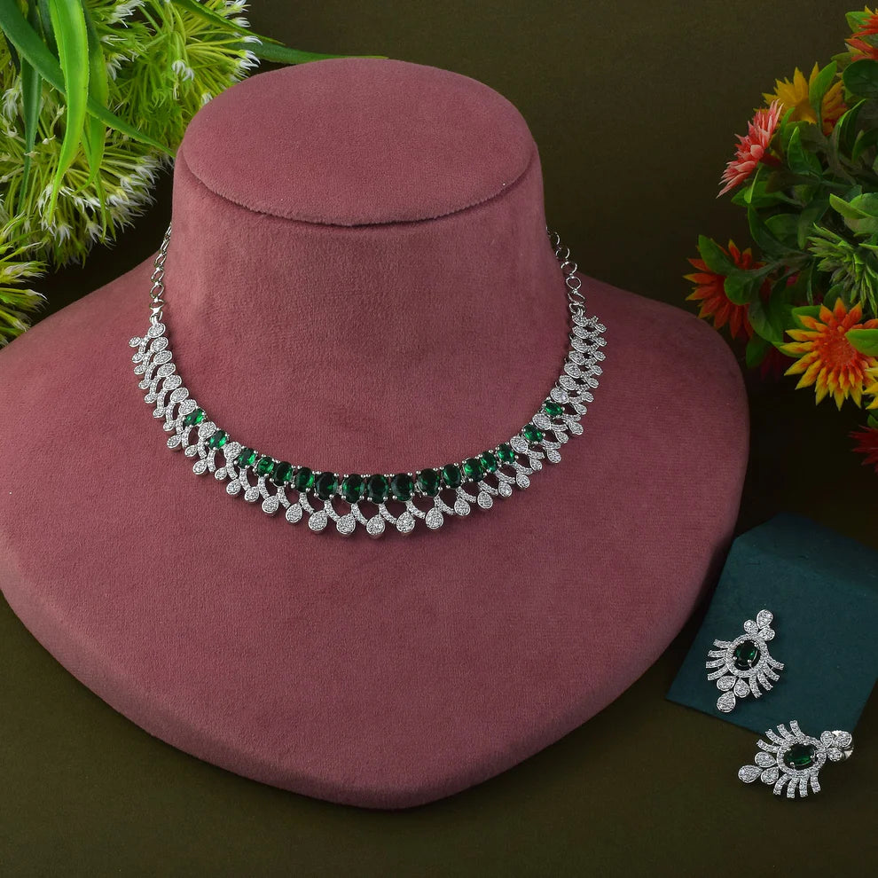 Modern Green American Diamond Necklace Set with Circular Stone Detailing
