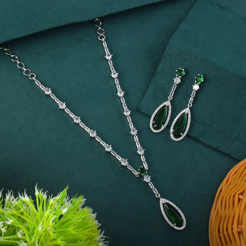 Royal Heritage Green American Diamond Necklace & Earring Set
