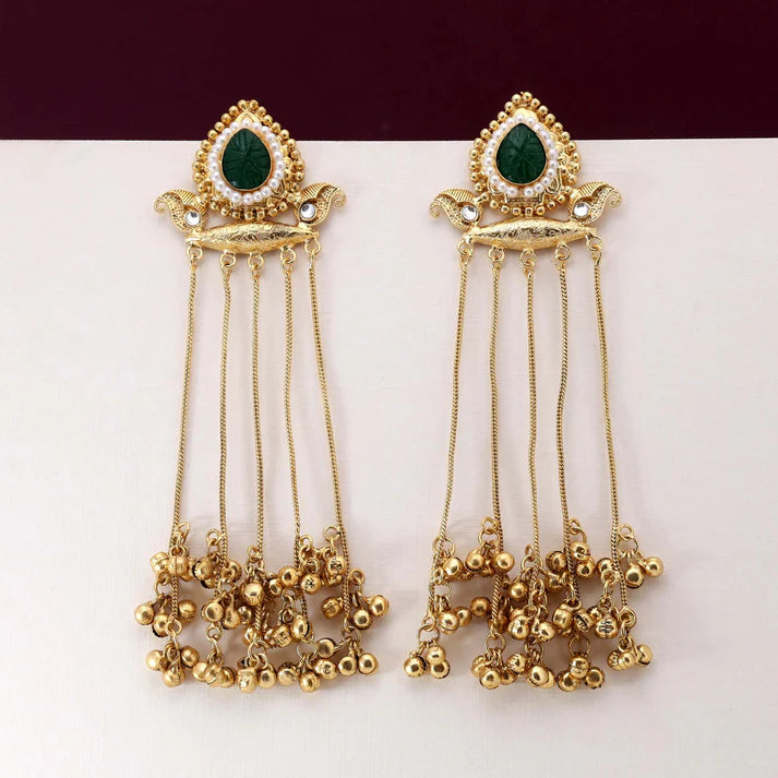 Classic Green Ethnic Look Long Kashmiri Earrings for Brides & Girls