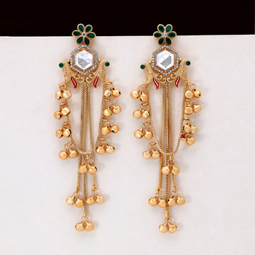 Green Color Antique Style Long Kashmiri Earrings for Party & Festive Wear