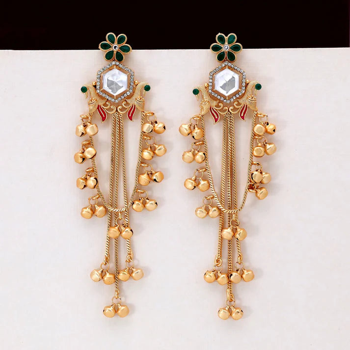 Green Color Antique Style Long Kashmiri Earrings for Party & Festive Wear